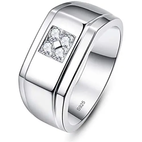 BONLAVIE 10mm 925 Sterling Silver Mens Wedding Ring Round Cut Cubic Zirconia Engagement Ring for Men Comfort Fit Wedding Band Size 7-13