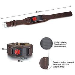 MPRAINBOW Personalized Custom Leather Medical Alert ID Bracelet for Men,Stainless Steel Emergency ICE Custom Plate with Adjustable Wide Genuine Leather Wristband,6.7-8.7 Inch