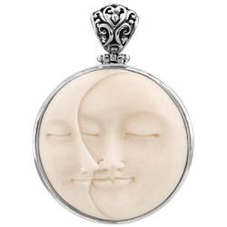 Carved Sun Crescent Moon Moonface Duo Goddess Bison Bone 925 Sterling Silver Pendant, 1 3/4''