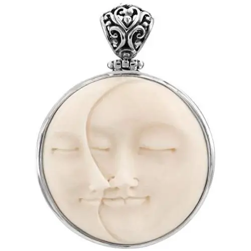 Carved Sun Crescent Moon Moonface Duo Goddess Bison Bone 925 Sterling Silver Pendant, 1 3/4'' Carved Sun Crescent Moon Moonface Duo Goddess Bison Bone 925 Sterling Silver Pendant, 1 3/4''