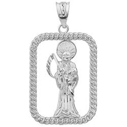 925 Sterling Silver Santa Muerte Rope-Style Rectangular Frame Pendant