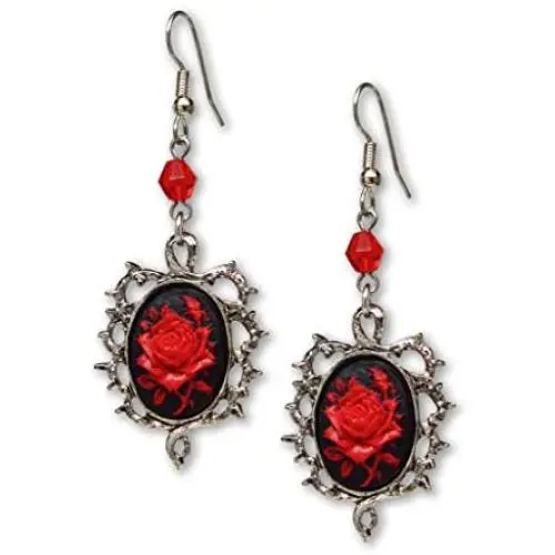 Gothic Red Rose Cameo Earrings Surrounded by Thorns with Red Bead Gothic Red Rose Cameo Earrings Surrounded by Thorns with Red Bead