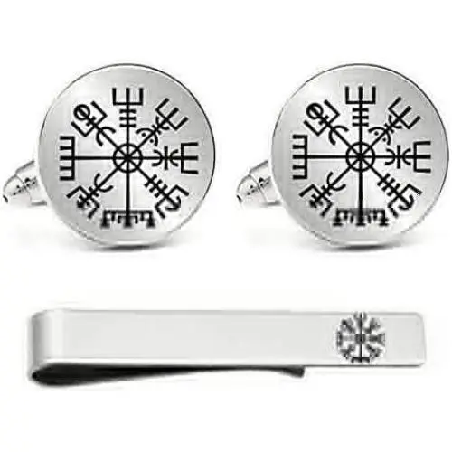 Kooer Classic Engraved Viking Rune Vegvisir Cuff Links Tie Bar Personalized Wedding Cufflinks Jewelry Gift for Men Kooer Classic Engraved Viking Rune Vegvisir Cuff Links Tie Bar Personalized Wedding Cufflinks Jewelry Gift for Men