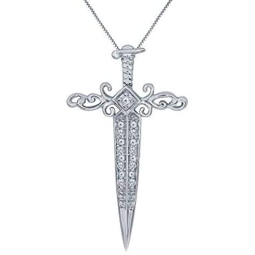 Elmas 1/20ct Round White Diamond 925 Sterling Silver Dagger Sword Pendant Diamond Necklace