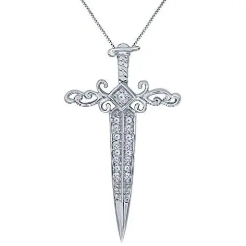 Elmas 1/20ct Round White Diamond 925 Sterling Silver Dagger Sword Pendant Diamond Necklace