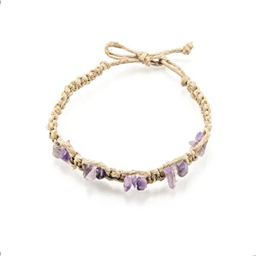 BlueRica Braided Hemp Cord Anklet Bracelet with Semi Precious Gemstone Chips (Amethyst)