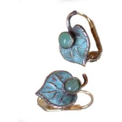 Verdigris Patina Brass Mulberry Leaf Earrings - Nephrite Jade
