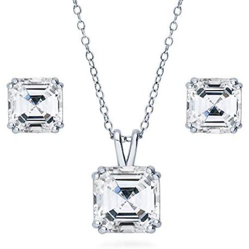 BERRICLE Rhodium Plated Sterling Silver Asscher Cut Cubic Zirconia CZ Solitaire Bridal Bridesmaid Fashion Necklace and Earrings Set
