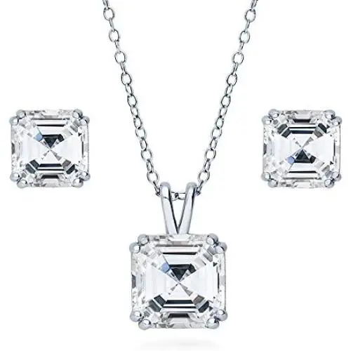 BERRICLE Rhodium Plated Sterling Silver Asscher Cut Cubic Zirconia CZ Solitaire Bridal Bridesmaid Fashion Necklace and Earrings Set