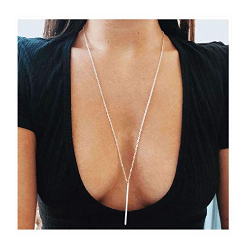 Aluinn Bar Y-Necklace Fashion Long Pendant Necklace Silver Necklace Chain Jewelry Accessories for Women and Teen Girls