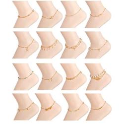 Ofeiyaa 16PCS Ankle Bracelets Beach Layered Anklets Boho Ankle Chains Foot Bracelets Set for Women Adjustable Gold Silve Tone