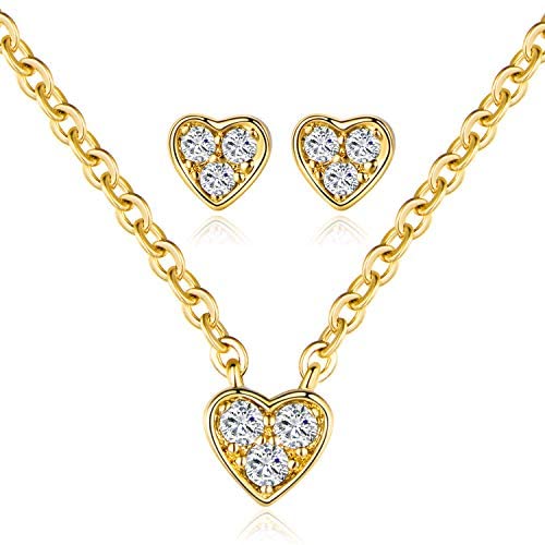 MDFUN Fashion Necklace and Earring Jewelry Set for Women and Girls, 18K Gold Plated Sparkle Halo Cubic Zirconia Heart Shaped Stud Earring and Pendant Choker