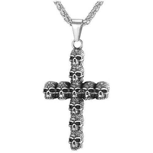 U7 Men Personalized Silver Black Gothic Skull Necklace Stainless Steel /18K Gold/Black Leather Chain Pendant, 20 Inch to 26 Inch