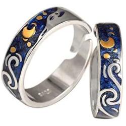 YONYou 2pcs S925 Sterling Silver Rings Van Goghs Sky Design Handmade Unique Blue Open Band Ring Promise Ring Size 5-9.5 Jewelry Gift for Women and Girls-Adjustable Size