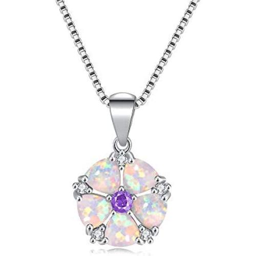 CiNily Flower Nceklace Opal Pendant Necklace for Women Girls 14K White Gold Plated Opal Jewelry Gemstone Necklaces