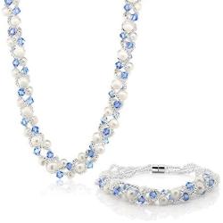 Gem Stone King 17 Inch White Cultured Freshwater Pearl & Blue Crystal Mash Necklace + Bracelet 6.5 Inch