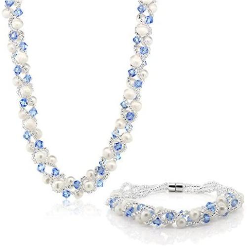 Gem Stone King 17 Inch White Cultured Freshwater Pearl & Blue Crystal Mash Necklace + Bracelet 6.5 Inch