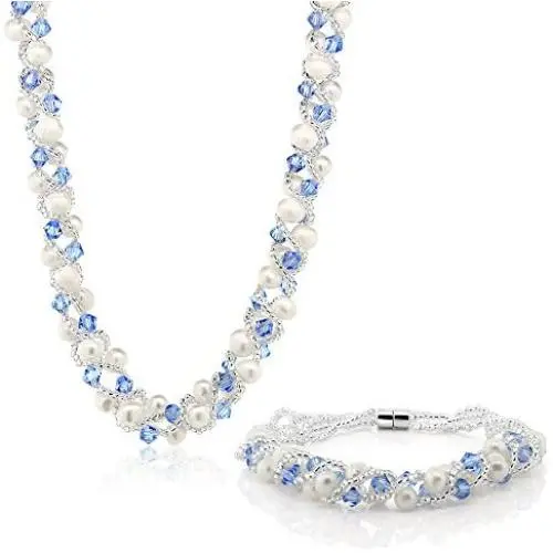 Gem Stone King 17 Inch White Cultured Freshwater Pearl & Blue Crystal Mash Necklace + Bracelet 6.5 Inch Gem Stone King 17 Inch White Cultured Freshwater Pearl & Blue Crystal Mash Necklace + Bracelet 6.5 Inch