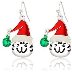 RareLove Cute Cat with Red Xmas Hat Green Bell Ring Pierced Dangle Christmas Earrings CZ Crystal Silver Plated Alloy Holiday For Women Girls
