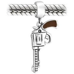 Western Marksmen Pistol Revolver Gun Dangle Bead Charm For Women Oxidized .925 Sterling Silver Fits European Bracelet