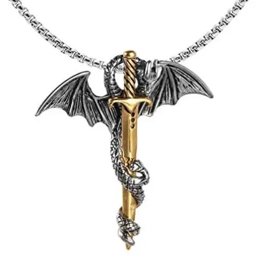 Xusamss Punk Titanium Steel Dragon Sword Wing Pendant Necklaces Xusamss Punk Titanium Steel Dragon Sword Wing Pendant Necklaces