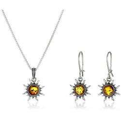 Sterling Silve and Honey Amber Flaming Sun Earrings and Pendant Necklace Set 18 Inches