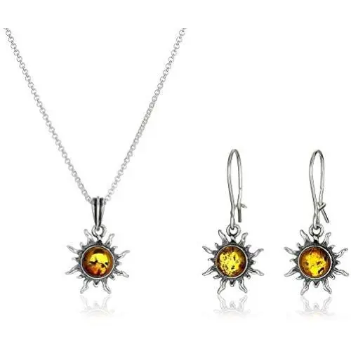 Sterling Silve and Honey Amber Flaming Sun Earrings and Pendant Necklace Set 18 Inches Sterling Silve and Honey Amber Flaming Sun Earrings and Pendant Necklace Set 18 Inches