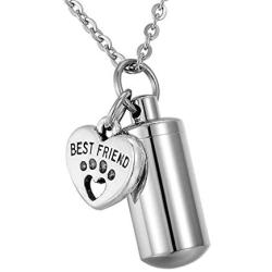 HooAMI Pet Paw Heart Charm & Cylinder Memorial Urn Necklace Stainless Steel Cremation Jewelry