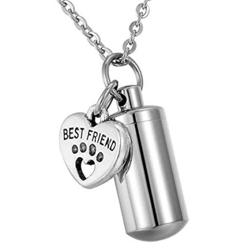 HooAMI Pet Paw Heart Charm & Cylinder Memorial Urn Necklace Stainless Steel Cremation Jewelry