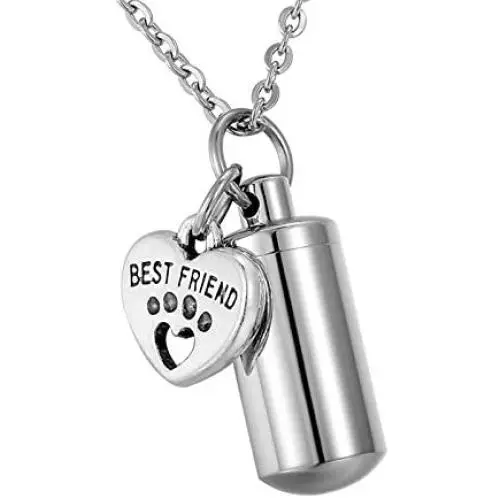 HooAMI Pet Paw Heart Charm & Cylinder Memorial Urn Necklace Stainless Steel Cremation Jewelry