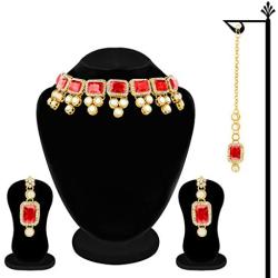 Aheli Ethnic Faux Blue Kundan Necklace Earrings Maang Tikka Indian Bollywood Jewellery Set for Women