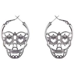 4 Pairs Halloween Skull Skeleton Earrings Hollow Skull Face Hoop Stud Earrings Punk Style Gothic Scary Silver Drop Dangle Earrings for Men Women Jewelry Accessory