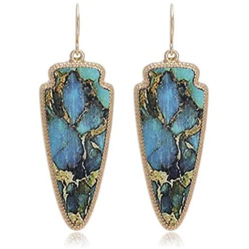 Marble Effect on Recycled Wood, Arrowhead Shape Drop Statement Earrings