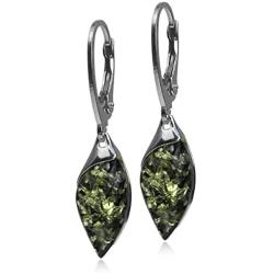 Green Amber Sterling Silver Marquise Leverback Earrings