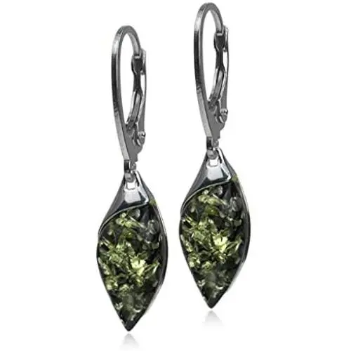 Green Amber Sterling Silver Marquise Leverback Earrings Green Amber Sterling Silver Marquise Leverback Earrings