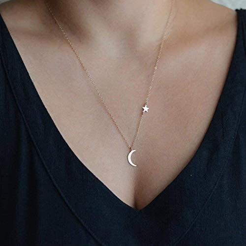 Zoestar Fashion Copper Moon Star Pendant Necklace for Women and Girls Silver Simple Crescent Necklace Jewelry for Great Gift