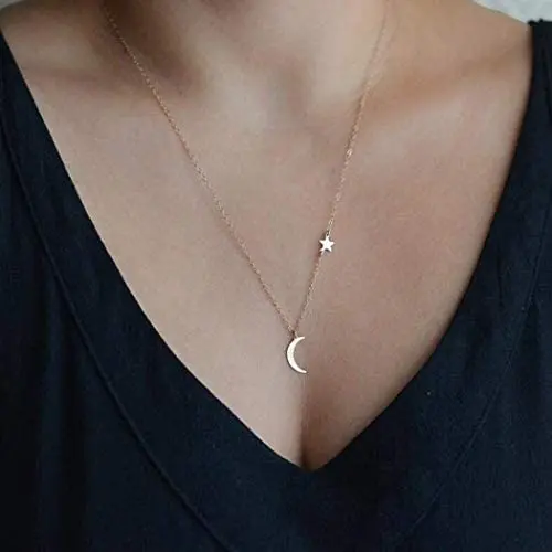 Zoestar Fashion Copper Moon Star Pendant Necklace for Women and Girls Silver Simple Crescent Necklace Jewelry for Great Gift