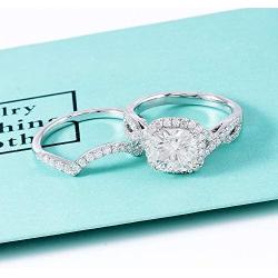 DovEggs Sterling Silver Center 2ct 7.5X7.5mm G-H-I Color Cushion Cut Created Moissanite Halo Engagement Ring Bridal Set 2 Pieces