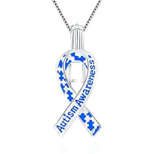 NY Jewelry 925 Sterling Silver Autism Awareness Lettering Ribbon Cage Pendants for Pearl, Pearl Cages for Pearl DIY Jewelry Making