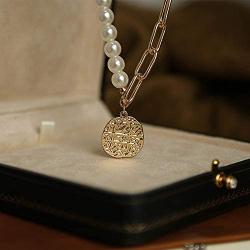 FFJGO Paper Clip Necklace Freshwater Cultured Pearls Vintage Chunky Link Chain Mosaic Irregular Coin Pendant 14K Gold Fashion Retro Charm Valentine Jewelry for Women Girls