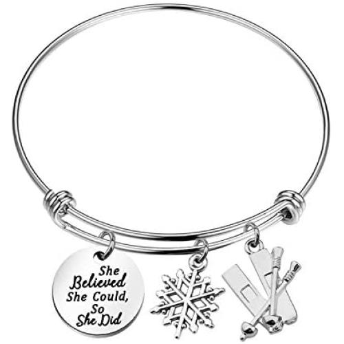 POTIY Skiing Bracelet Ski Snowflake Charm Bracelet She Believed She Could So She Did Jewelry Gift for Skier Sports Bracelet