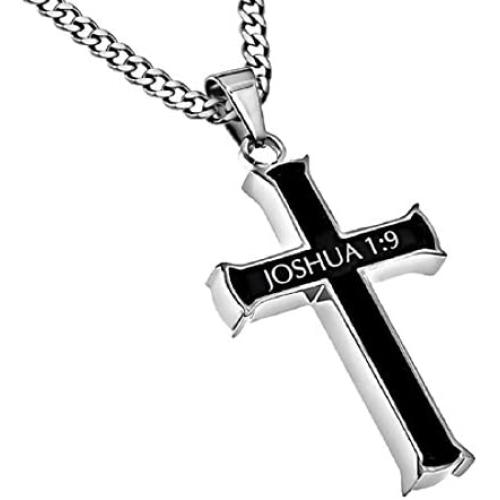 Stainless Steel Cross Pendant Necklace Strong & Courageous Joshua 1:9 with Electroplated Bible Script and Verse on High Polished Stainless Steel 24'' Curb Chain