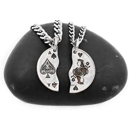 NameCoins Ace of Spades and Queen Necklaces for Best Friends, BFF Jewelry, Couples Gifts, Playing Cards, Ace and Hearts, Hand Cut Coin NameCoins Ace of Spades and Queen Necklaces for Best Friends, BFF Jewelry, Couples Gifts, Playing Cards, Ace and Hearts, Hand Cut Coin