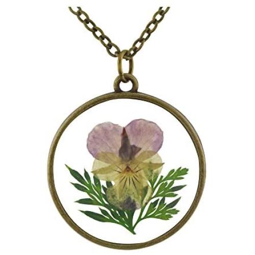 FM FM42 Natural Purple Pressed Dried Flower Round Pendant Necklace FN4032