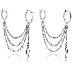 Fusamk Hip Hop Stainless Steel Tube Circle Clip On Hoop Earrings Tassel Chain Dangle Earrings,2PCS