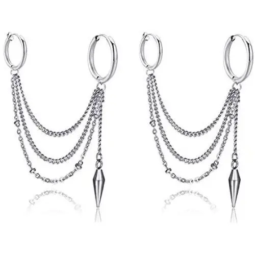 Fusamk Hip Hop Stainless Steel Tube Circle Clip On Hoop Earrings Tassel Chain Dangle Earrings,2PCS