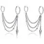 Fusamk Hip Hop Stainless Steel Tube Circle Clip On Hoop Earrings Tassel Chain Dangle Earrings,2PCS