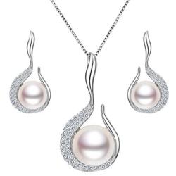 EVER FAITH 925 Sterling Silver CZ AAA Freshwater Cultured Pearl Flower Bud Necklace Earrings Set