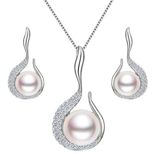 EVER FAITH 925 Sterling Silver CZ AAA Freshwater Cultured Pearl Flower Bud Necklace Earrings Set