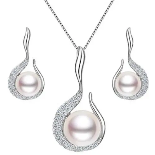 EVER FAITH 925 Sterling Silver CZ AAA Freshwater Cultured Pearl Flower Bud Necklace Earrings Set